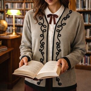 Elegant Beige Milano Design Group Medium Cardigan with Black Embroidery Accents